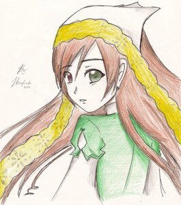 Rating: Safe Score: 0 Tags: 1girl braid breasts dated earrings green_eyes head_scarf heterochromia hong_meiling image jewelry long_hair looking_at_viewer red_eyes red_hair signature solo suiseiseki traditional_media upper_body User: admin