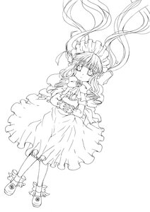 Rating: Safe Score: 0 Tags: 1girl dress full_body greyscale image long_hair monochrome shinku shoes solo striped vertical_stripes User: admin