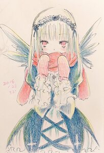 Rating: Safe Score: 0 Tags: 1girl bangs blonde_hair blush covered_mouth dress eyebrows_visible_through_hair image long_hair red_eyes scarf solo suigintou traditional_media wings User: admin