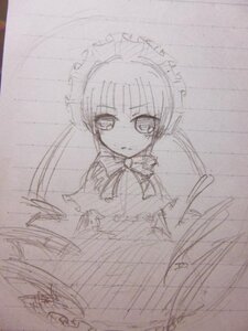 Rating: Safe Score: 0 Tags: 1girl bowtie dress image long_sleeves looking_at_viewer maid maid_headdress monochrome shinku simple_background sketch solo traditional_media User: admin