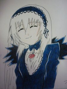 Rating: Safe Score: 0 Tags: 1girl bangs black_dress bow closed_eyes closed_mouth dress eyebrows_visible_through_hair facing_viewer frills grey_background hairband image long_sleeves puffy_sleeves ribbon smile solo suigintou traditional_media upper_body white_background User: admin