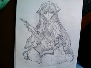 Rating: Safe Score: 0 Tags: 1girl dress graphite_(medium) hat image long_hair long_sleeves looking_at_viewer monochrome photo simple_background sitting solo suiseiseki traditional_media wide_sleeves User: admin