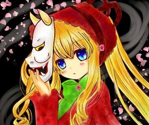 Rating: Safe Score: 0 Tags: 1girl blonde_hair blue_eyes cherry_blossoms flower image long_hair long_sleeves mask petals rose shinku solo User: admin