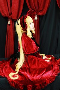 Rating: Safe Score: 0 Tags: 1girl blonde_hair blue_eyes curtains dress flower frills long_hair red_dress rose shinku sitting solo User: admin