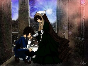 Rating: Safe Score: 0 Tags: 2girls black_hair blue_dress closed_eyes dress hat image long_hair long_sleeves multiple_girls nun pair sitting sky souseiseki suiseiseki very_long_hair User: admin
