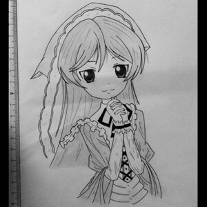 Rating: Safe Score: 0 Tags: 1girl closed_mouth dress eyebrows_visible_through_hair frills greyscale hands_clasped hands_together image interlocked_fingers letterboxed long_hair long_sleeves looking_at_viewer monochrome own_hands_together photo shikishi solo suiseiseki traditional_media User: admin
