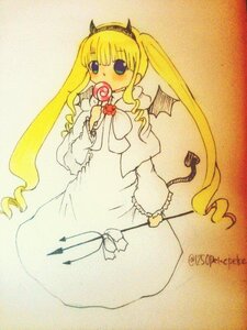 Rating: Safe Score: 0 Tags: 1girl bat_wings blonde_hair blue_eyes candy dress food image lollipop long_hair long_sleeves shinku solo swirl_lollipop twintails wings User: admin
