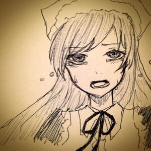 Rating: Safe Score: 0 Tags: 1girl detached_collar flying_sweatdrops hat image long_hair monochrome neck_ribbon open_mouth ribbon ribbon_choker solo suiseiseki tears traditional_media upper_body User: admin