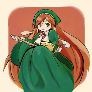 Rating: Safe Score: 3 Tags: 1girl brown_hair dress green_dress green_eyes hat instrument long_hair long_sleeves looking_at_viewer puffy_sleeves sitting smile solo suiseiseki very_long_hair User: hujle