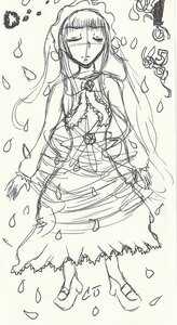Rating: Safe Score: 0 Tags: 1girl closed_eyes dress flower greyscale image long_hair long_sleeves monochrome petals rose_petals shinku sketch solo veil User: admin