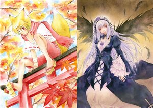 Rating: Safe Score: 0 Tags: 1boy 1girl 2girls animal_ears aoi_yuuka_(ao_no_kokoro) autumn_leaves barefoot blonde_hair commentary_request dress fox_ears fox_tail hairband image leaf long_hair long_sleeves looking_at_viewer maple_leaf multiple_girls red_eyes rozen_maiden short_hair sitting smile solo suigintou sword tail traditional_media very_long_hair wide_sleeves wings User: admin