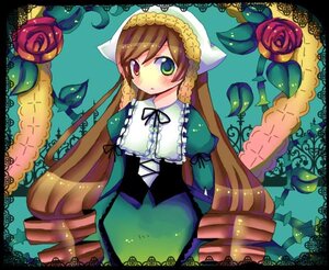 Rating: Safe Score: 0 Tags: 1girl brown_hair dress flower frills green_dress green_eyes head_scarf heterochromia image long_hair long_sleeves looking_at_viewer plant red_eyes rose solo suiseiseki very_long_hair watering_can User: admin