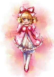 Rating: Safe Score: 0 Tags: 1girl blonde_hair bow dress drill_hair frills full_body green_eyes hair_bow hina_ichigo hinaichigo image long_sleeves pantyhose pink_bow pink_dress short_hair solo standing white_legwear User: admin