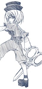Rating: Safe Score: 0 Tags: 1girl full_body greyscale hat image looking_back monochrome shoes short_hair sketch solo souseiseki standing striped weapon User: admin