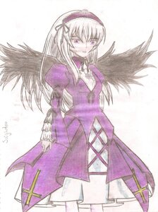 Rating: Safe Score: 0 Tags: 1girl black_wings detached_collar dress flower frills hairband image long_hair long_sleeves looking_at_viewer puffy_sleeves simple_background solo suigintou traditional_media white_background wings User: admin