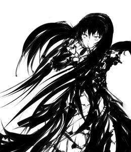 Rating: Safe Score: 0 Tags: 1girl akemi_homura akuma_homura argyle_legwear black_hair gloves greyscale hairband image long_hair monochrome mouth_hold ribbon simple_background solo suigintou very_long_hair white_background User: admin