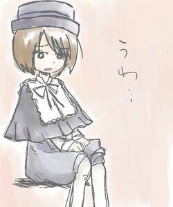 Rating: Safe Score: 0 Tags: 1girl blush brown_hair capelet dress green_eyes hat image long_sleeves pantyhose ribbon short_hair sitting solo souseiseki white_legwear User: admin