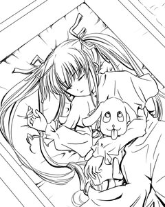 Rating: Safe Score: 0 Tags: 1girl bed dress greyscale hair_ribbon image long_hair long_sleeves lying monochrome on_bed ribbon shinku sleeping solo stuffed_animal takamachi_nanoha twintails very_long_hair User: admin