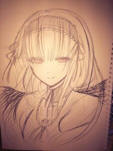 Rating: Safe Score: 0 Tags: 1girl auto_tagged blush brown_background closed_mouth eyebrows_visible_through_hair hairband image long_hair looking_at_viewer monochrome possible_duplicate ribbon simple_background smile solo suigintou traditional_media upper_body User: admin