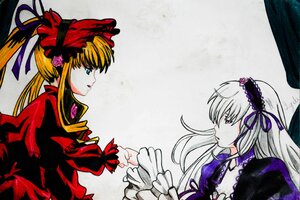 Rating: Safe Score: 0 Tags: 2girls blonde_hair dress eye_contact flower frills hairband image long_hair long_sleeves looking_at_another multiple_girls pair profile rose shinku silver_hair suigintou wings User: admin