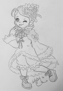 Rating: Safe Score: 0 Tags: 1girl bloomers dress drill_hair flower full_body greyscale hair_ornament image kanaria long_sleeves monochrome one_eye_closed smile solo tongue tongue_out traditional_media twin_drills underwear User: admin