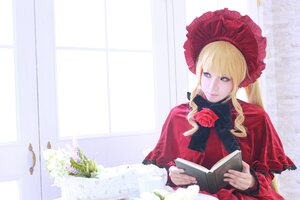 Rating: Safe Score: 0 Tags: 1girl bangs blonde_hair blue_eyes bonnet book bow curtains dress flower lips long_hair looking_at_viewer open_book rose shinku solo window User: admin