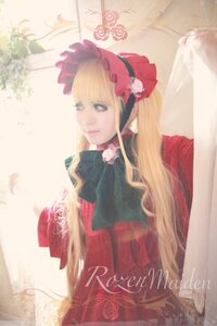 Rating: Safe Score: 0 Tags: 1girl bangs blonde_hair blue_eyes bonnet bow curtains dress flower long_hair red_dress rose shinku solo User: admin