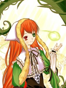Rating: Safe Score: 0 Tags: 1girl corset dress frills green_dress green_eyes head_scarf heterochromia image long_hair long_sleeves looking_at_viewer orange_hair red_eyes ribbon smile solo suiseiseki very_long_hair User: admin