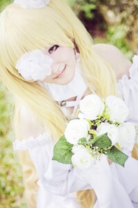 Rating: Safe Score: 0 Tags: 1girl blonde_hair blurry blurry_background blurry_foreground depth_of_field eyepatch flower kirakishou lips long_hair looking_at_viewer one_eye_covered smile solo striped vertical_stripes white_flower white_rose yellow_eyes User: admin