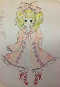 Rating: Safe Score: 0 Tags: 1girl blonde_hair bow colored_pencil_(medium) dress frills full_body green_eyes hair_bow hina_ichigo hinaichigo image long_sleeves looking_at_viewer marker_(medium) ribbon short_hair smile solo standing traditional_media watercolor_(medium) User: admin