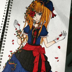 Rating: Safe Score: 0 Tags: 1girl blue_eyes dress flower gloves image jewelry kirakishou long_hair orange_hair petals rose rose_petals solo traditional_media User: admin