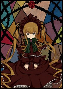 Rating: Safe Score: 0 Tags: 1girl blonde_hair blue_eyes bonnet bow bowtie capelet dress flower image long_hair looking_at_viewer red_dress rose shinku solo twintails vines User: admin