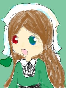 Rating: Safe Score: 0 Tags: 1girl :d aqua_background bangs blush brown_hair dress eyebrows_visible_through_hair green_background green_dress hat head_scarf heart heterochromia image long_hair long_sleeves looking_at_viewer open_mouth red_eyes simple_background smile solo suiseiseki upper_body User: admin