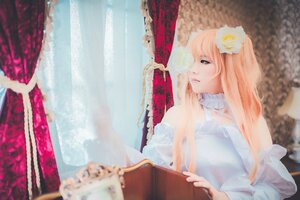 Rating: Safe Score: 0 Tags: 1girl blonde_hair blurry book curtains depth_of_field dress flower hair_flower hair_ornament kirakishou lips long_hair open_book pink_hair solo User: admin