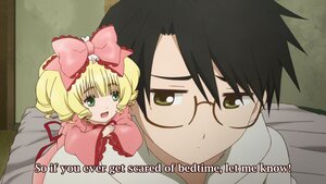 Rating: Safe Score: 0 Tags: 1boy 1girl black-framed_eyewear black_hair blonde_hair blush bow dress drill_hair frills glasses green_eyes hair_bow hina_ichigo hinaichigo image looking_at_viewer pink_bow smile solo User: admin
