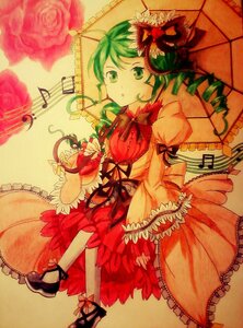 Rating: Safe Score: 0 Tags: 1girl bow dress flower frills green_eyes green_hair hair_flower hair_ornament hair_ribbon image kanaria musical_note red_flower red_rose rose solo traditional_media User: admin
