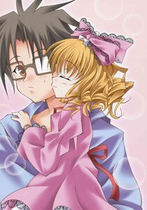 Rating: Safe Score: 0 Tags: 1boy 1girl black_hair blonde_hair blush bow brown_eyes closed_eyes dress glasses hair_bow hinaichigo hug image long_sleeves pink_bow pink_dress ribbon smile solo User: admin