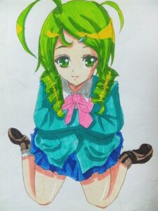 Rating: Safe Score: 0 Tags: 1girl ahoge bow full_body green_eyes green_hair image kanaria loafers long_sleeves pink_bow school_uniform shoes skirt smile solo traditional_media User: admin