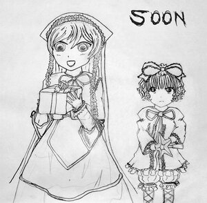 Rating: Safe Score: 0 Tags: bow capelet dress gift greyscale hina_ichigo hinaichigo holding image long_sleeves looking_at_viewer monochrome multiple_girls pair ribbon short_hair standing suiseiseki User: admin