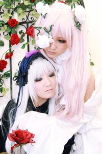 Rating: Safe Score: 0 Tags: 2girls bangs flower hairband lips long_hair looking_at_viewer multiple_cosplay multiple_girls pink_hair red_flower red_rose rose siblings sisters tagme white_hair User: admin