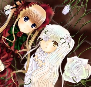 Rating: Safe Score: 0 Tags: 2girls blonde_hair blue_eyes blush bow dress flower image kirakishou long_hair multiple_girls pair plant rose shinku silver_hair thorns twintails vines white_flower white_rose User: admin