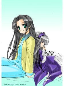 Rating: Safe Score: 0 Tags: 2girls back-to-back black_hair dress green_eyes grey_hair hairband image kakizaki_megu long_hair long_sleeves looking_at_viewer multiple_girls silver_hair sitting solo suigintou very_long_hair User: admin