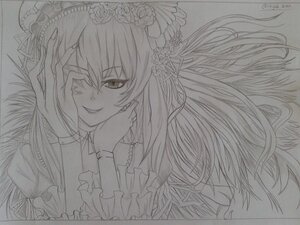 Rating: Safe Score: 0 Tags: 1girl dress graphite_(medium) greyscale hands_on_own_cheeks hands_on_own_face image long_hair looking_at_viewer monochrome smile solo suigintou traditional_media User: admin