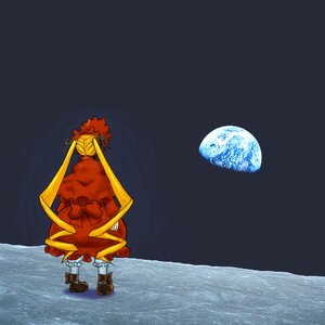 Rating: Safe Score: 0 Tags: 1girl blonde_hair bonnet dress earth full_body image long_hair long_sleeves moon ocean red_dress shinku solo standing twintails very_long_hair water User: admin