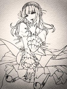Rating: Safe Score: 0 Tags: 1girl dress flower frills greyscale hairband image kneeling long_hair long_sleeves looking_at_viewer monochrome solo suigintou User: admin