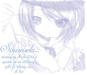Rating: Safe Score: 0 Tags: 1girl blush bowtie closed_mouth english_text image looking_at_viewer monochrome short_hair simple_background sketch smile solo souseiseki thank_you white_background User: admin