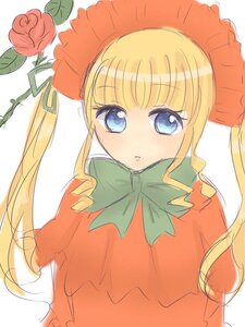 Rating: Safe Score: 0 Tags: 1girl :o bangs blonde_hair blue_eyes blush bonnet bow bowtie capelet dress eyebrows_visible_through_hair flower green_bow hat image long_hair long_sleeves looking_at_viewer rose shinku sidelocks simple_background solo twintails upper_body white_background User: admin