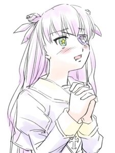 Rating: Safe Score: 0 Tags: 1girl barasuishou blush eyebrows_visible_through_hair hair_ornament hair_ribbon hands_clasped hands_together image interlocked_fingers long_hair long_sleeves open_mouth own_hands_together pink_hair ribbon sailor_collar solo star_(symbol) upper_body white_background User: admin