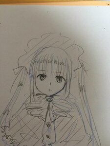 Rating: Safe Score: 0 Tags: 1girl bangs eyebrows_visible_through_hair hair_ribbon image long_hair long_sleeves looking_at_viewer monochrome photo ribbon shinku sketch solo traditional_media upper_body veil User: admin