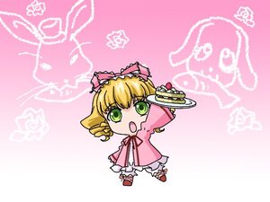 Rating: Safe Score: 0 Tags: 1girl blonde_hair bow cake chibi dress drill_hair food green_eyes hina_ichigo hinaichigo image pink_background pink_bow pink_dress shinku solo strawberry User: admin